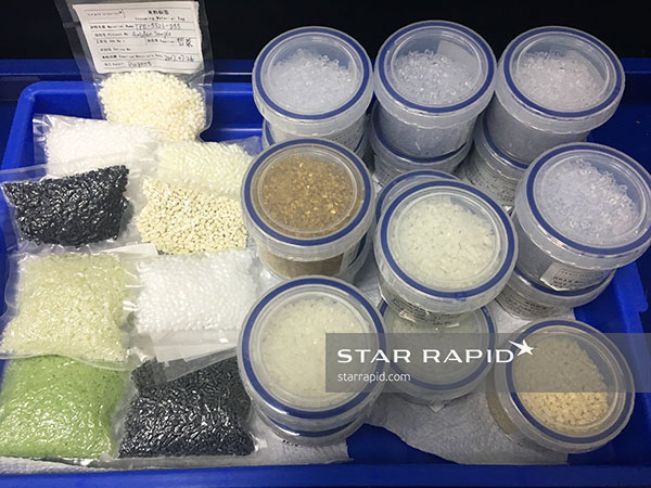 Plastic raw material samples in storage at Star Rapid