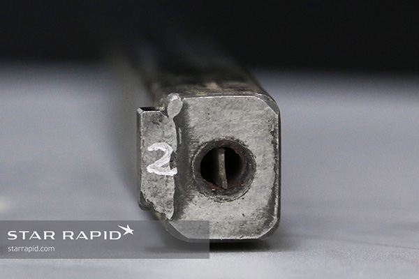 Close-up of conventional cooling channel in a mold tool at Star Rapid