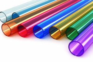 A collection of colored acrylic tubes help to demonstrate the cosmetic properties of this common type of clear plastic resin.